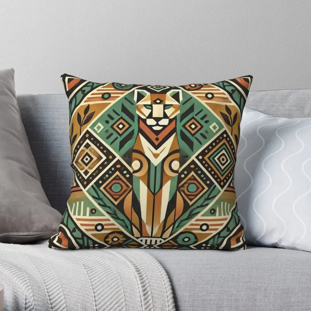 

Tribal Cougar Animal Square Pillowcase Polyester Linen Velvet Printed Zip Decorative Sofa Cushion Cover 45x45