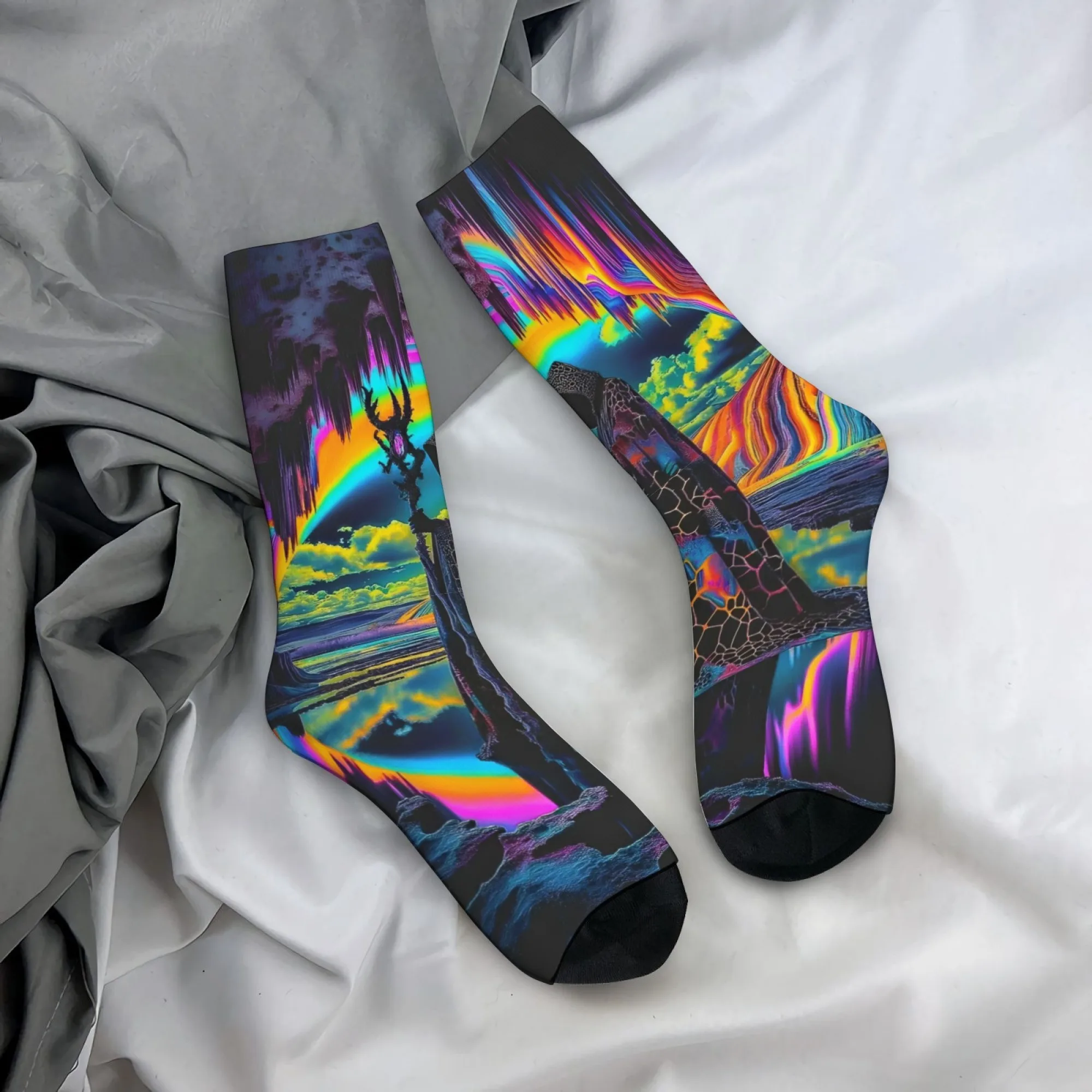 Novelty psychedelic fantasy mysterious rainbow hooded socks with wizard prints for men perfect for a Harajuku party or fun gift