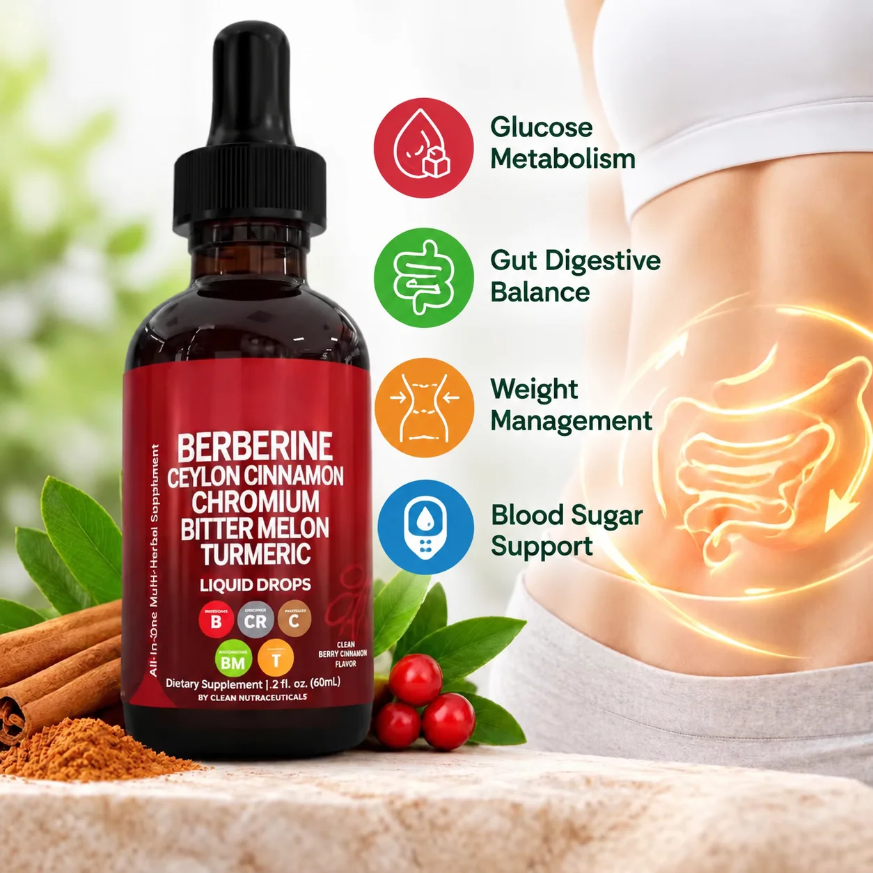 Berberine Drops Blood Sugar Support Glucose Metabolism Weight Management Appetite Control Ceylon Cinnamon Chromium Turmeric 60ml
