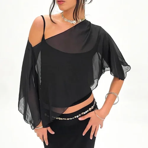 Imagen 1 del producto Conjunto de dos piezas de camiseta con tirantes finos de malla para mujer, camiseta Sexy con perspectiva, cuello oblicuo, camisa de fondo, camisetas para mujer