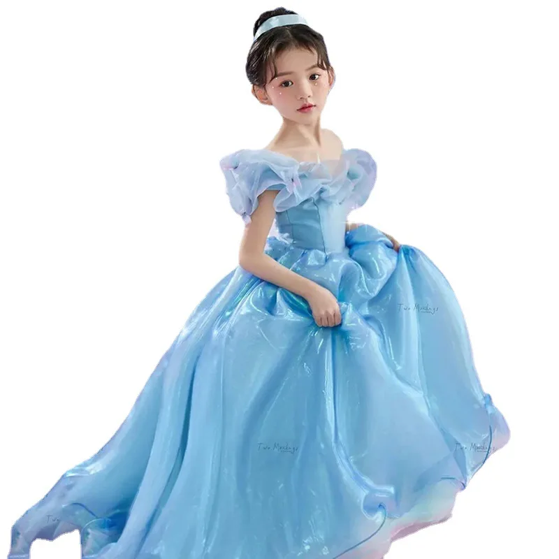 Princess Cosplay Costume for Toddler Girls 3 To 6 12 Years Kids Birthday Party Blue Dress Elegant Dresses Long Luxury 2023 Gown