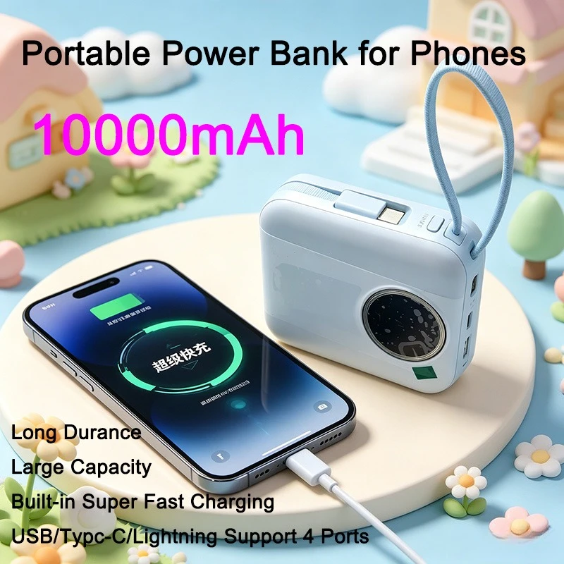 Banco de Energía Portátil de 10000mAh con Carga Súper Rápida, Cable Integrado Tipo-C y Lightning, Pantalla LED, Alimentación USB para Dispositivos Inteligentes