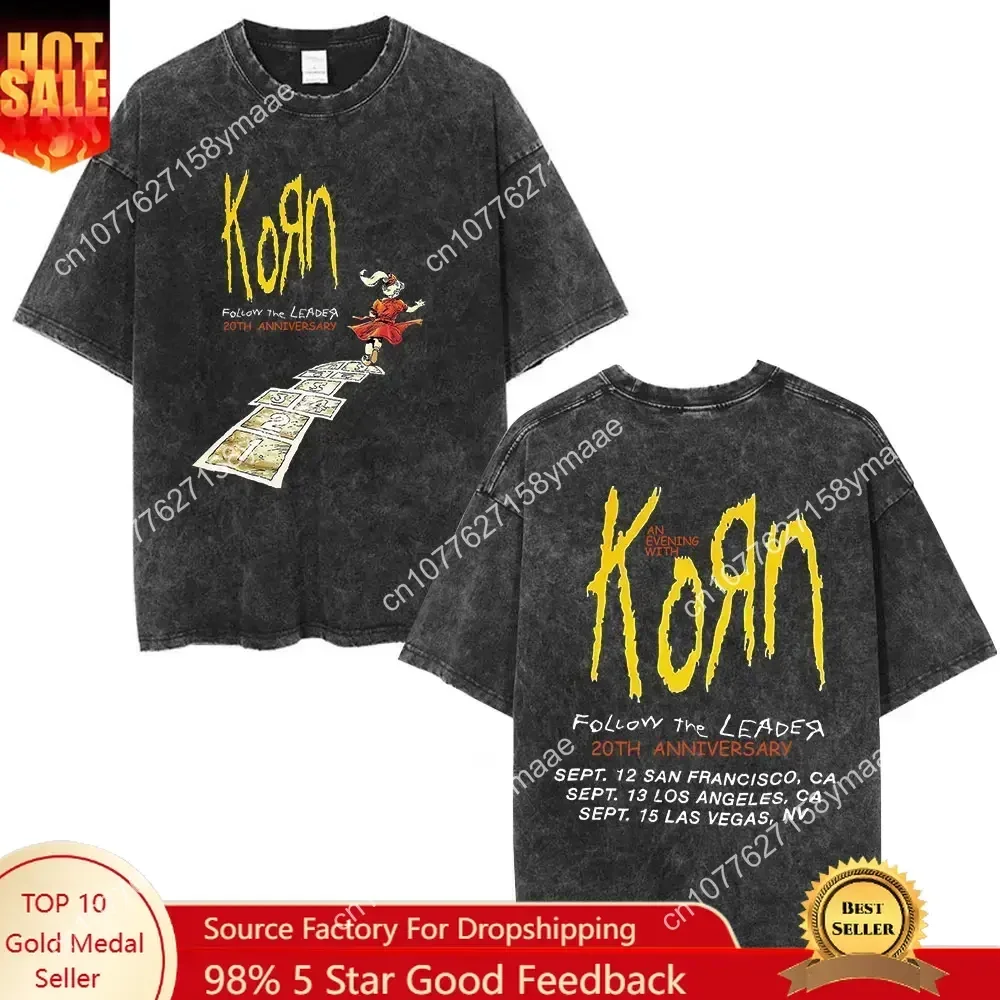 Korn Follow The Leader 20Th Anniversary Washed T Shirt Metal Gothic Rock Band T Shirts Men Women Vintage Oversized T-shirt Stree