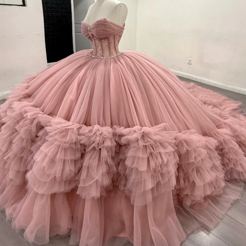 

Розовые платья Quinceanera, бальное платье с открытыми плечами, расшитое бисером и кристаллами, корсет, многоуровневое тюлевое платье для вечеринки, дня рождения, сладкое платье 16, Vestidos 15