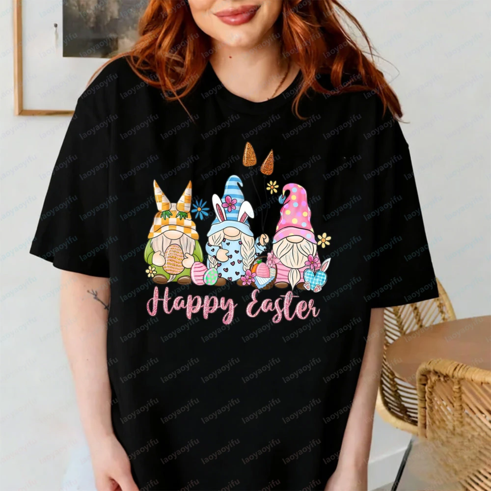 Happy Easter Gnomes with Bunny Ears & Eggs T-Shirt Cotton Unisex Crewneck Perfect for Spring Easter Egg Hunts & Family Outfits