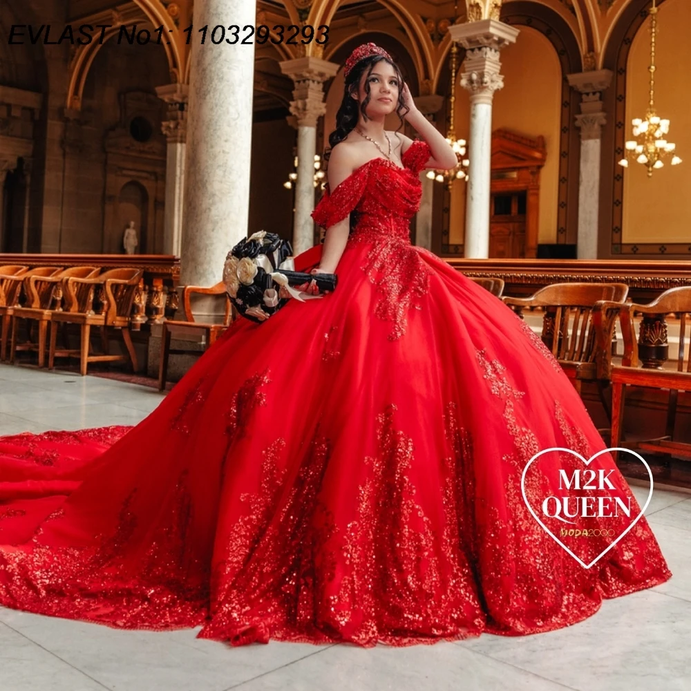 EVLAST personalizado brillo rojo Vestido para quinceañeras Vestido De baile apliques De lentejuelas rebordear arco corsé dulce 16 Vestido De 15 Anos E1Q113