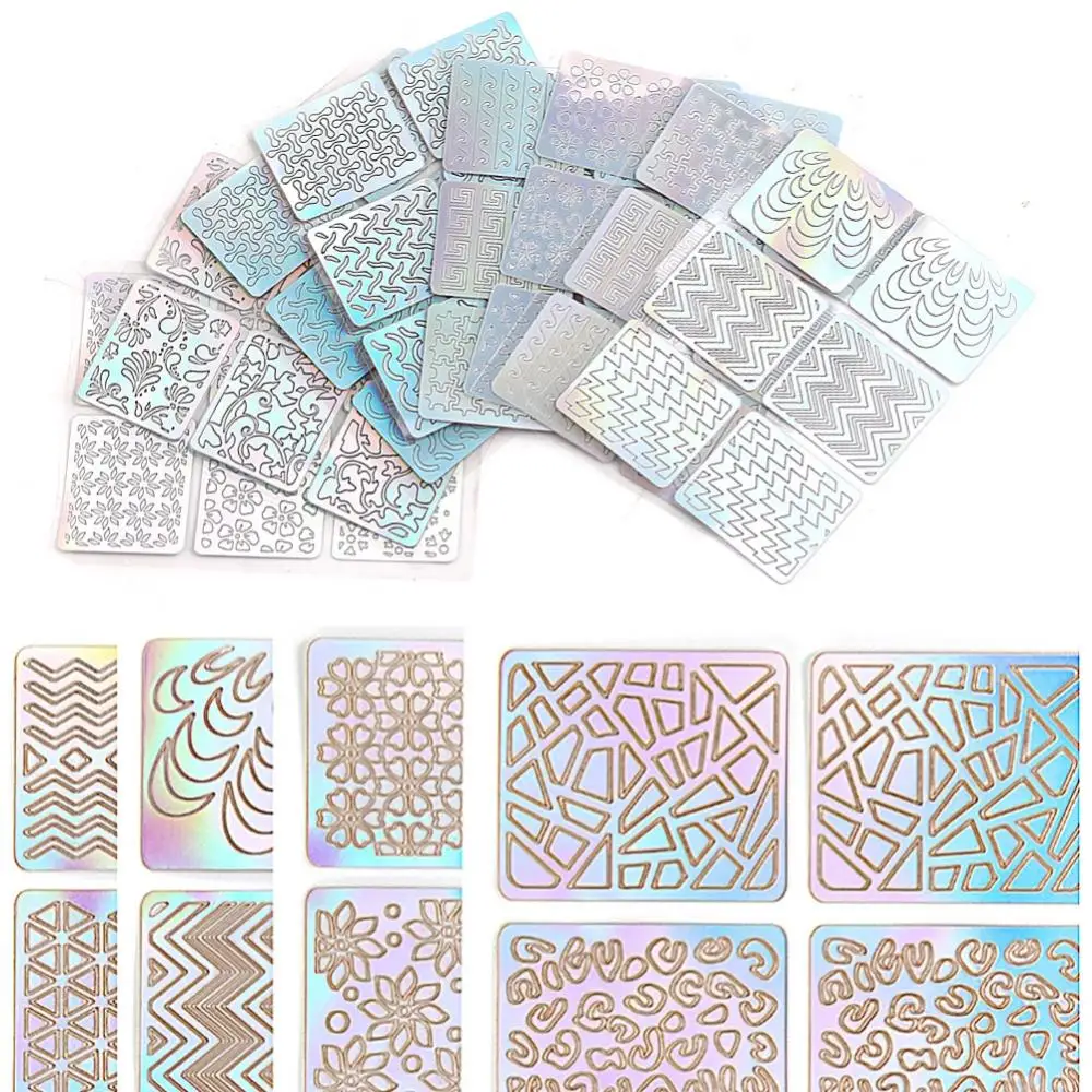 24Pcs/Set Stamping Nail Art Hollow Templates Airbrush Stencils Stickers,Laser Silver Stamp Plates Guide Manicure Tools