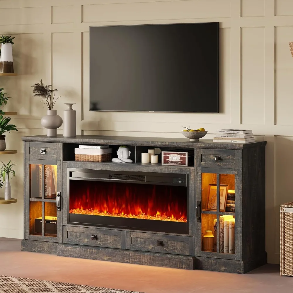 Fireplace TV 70“, Stand for 80 Inch TV,Farmhouse TV Stand with 42