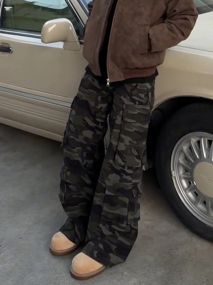 

American High Street Camouflage Wide Leg Jeans Men's Autumn Winter Multi ket Retro Workwear Pants Drape Slimming Trousers