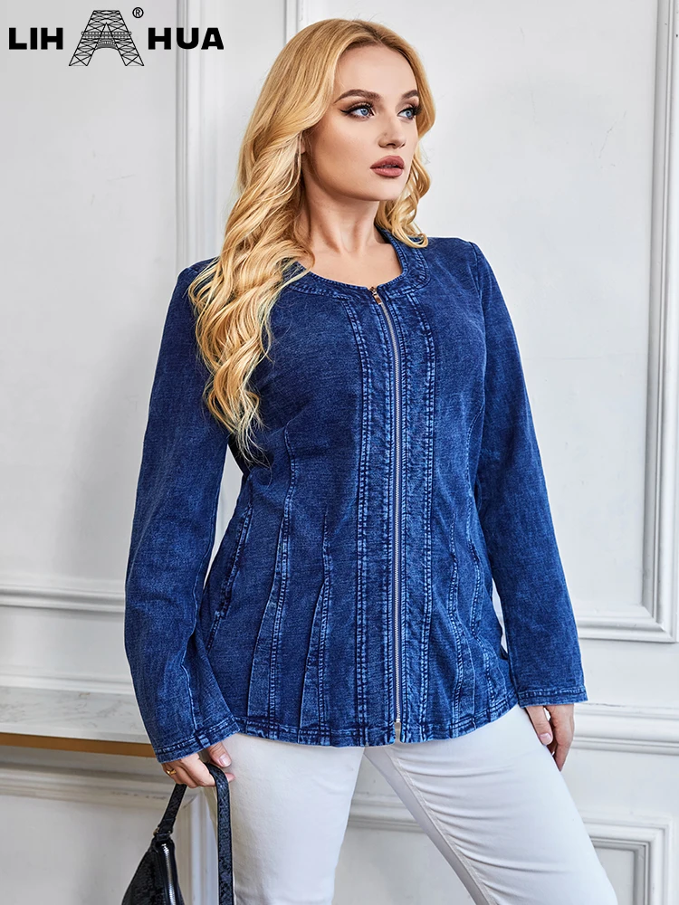 LIH HUA Women\'s Plus Size Denim Jacket Autumn Chic Elegant Jacket For Chubby Women Cotton Knitted Jacket