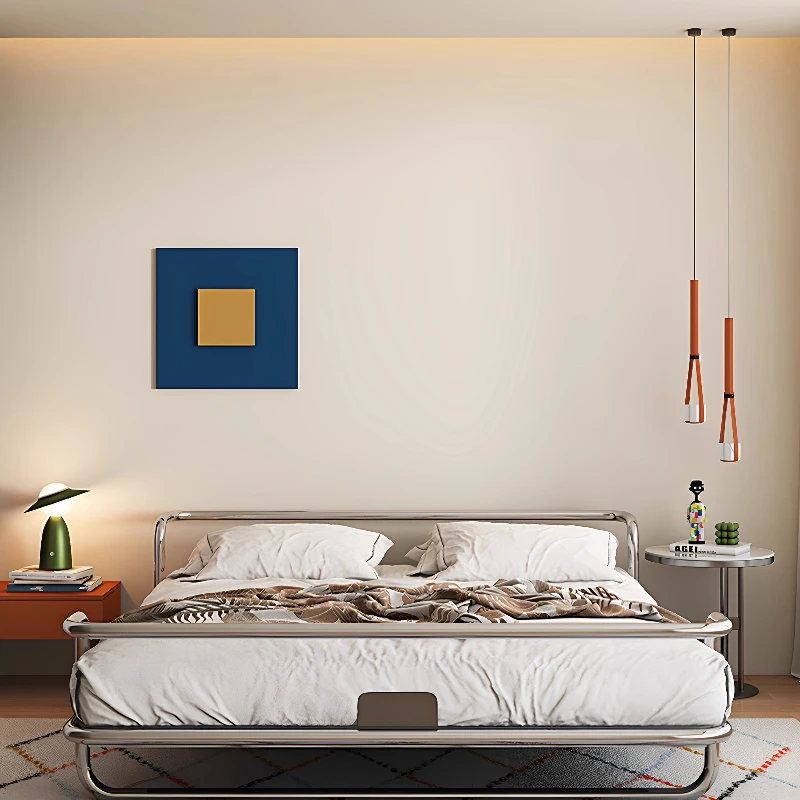 

Stainless steel bed wrought iron double Bauhaus light luxury metal industrial wind bed medieval iron frame bed