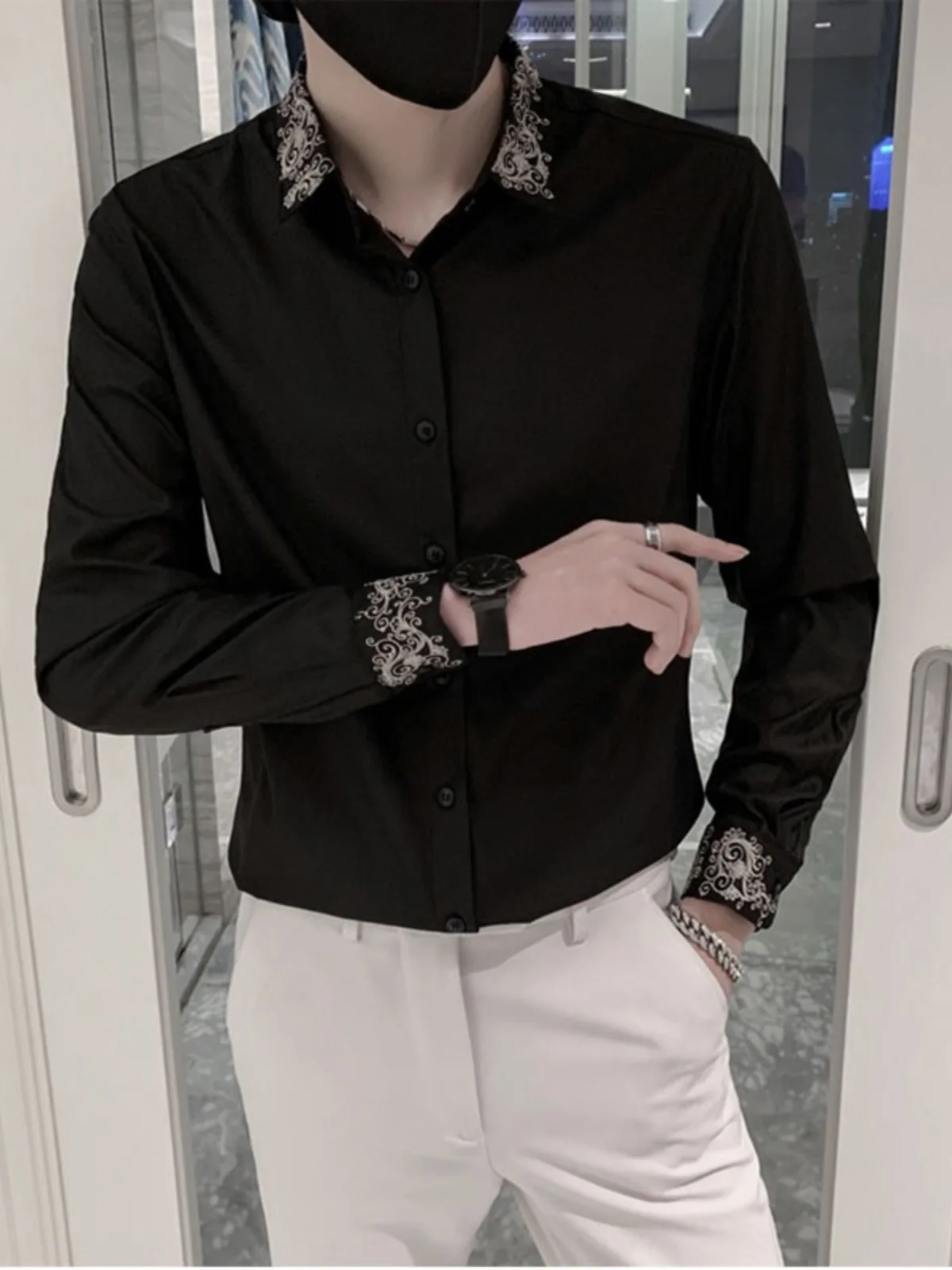 

Ele Long Sve Men's irt Embroidered Slim Fit Street Sle Trendy Brand Spring Autumn High-End Feel Casual Faionable