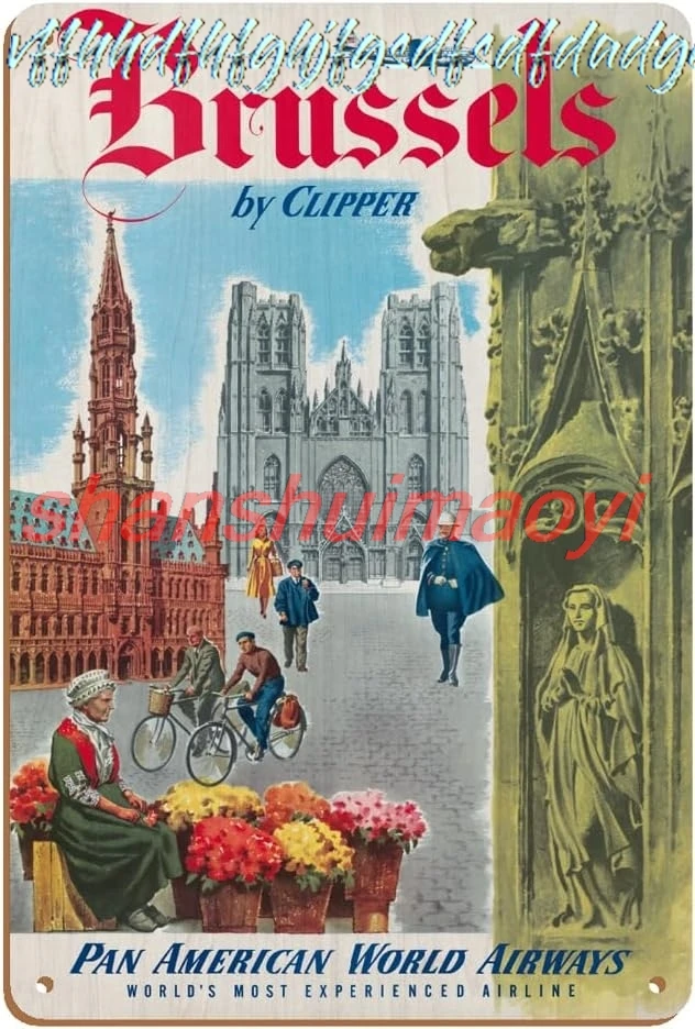 Brussels Belgium by Clipper - Pan American World Airways - The Cathedral of Saints Michel and Gudule - Vintage Airline Trav sign