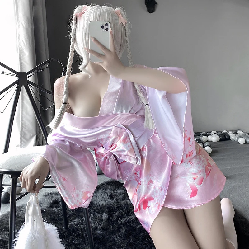 Sexy Kimono Printed Women\'s Erotic Pajamas ACGN Anime Style Kimono Uniform Lolita Bathrobe Japanese Cardigan Cosplay Shirt