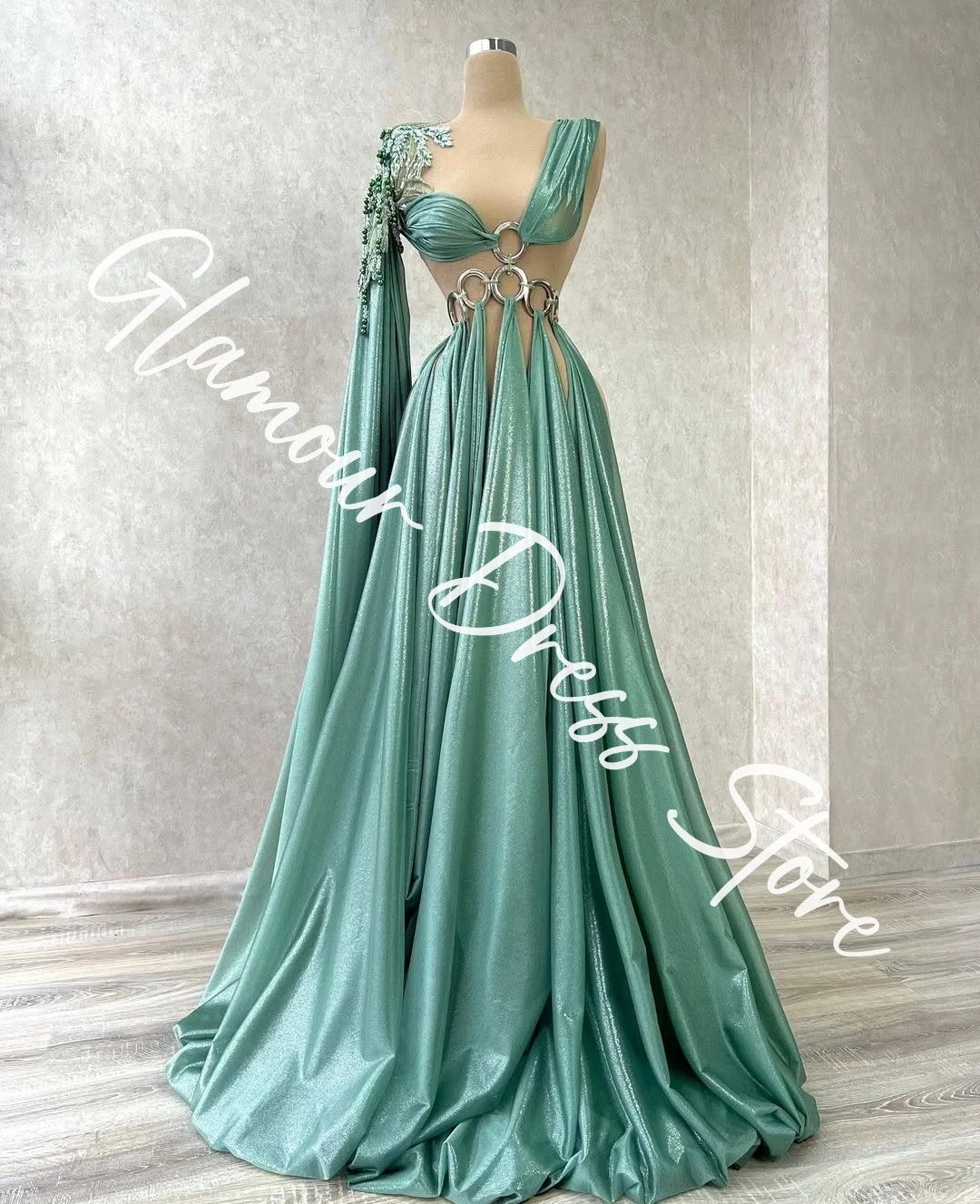 Customized Exquisite Satin A-Line Cap Sleeve Beading Evening Dresses Crew Neck Sleeveless Watteau Train Homecoming Dre