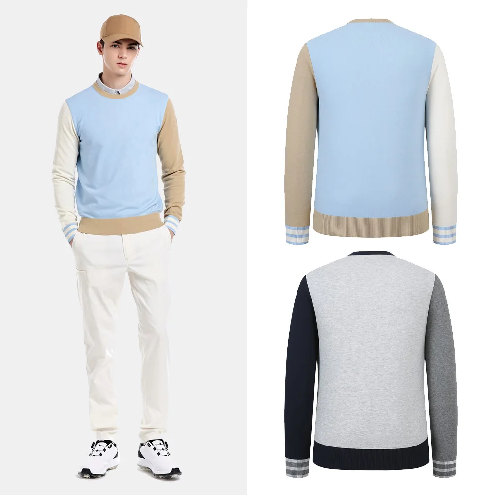 

"Trendy Men's Knitted Sweater! Colorblock Design, Luxurious Style, Autumn Sports Golf Wear, Warm New Style!"