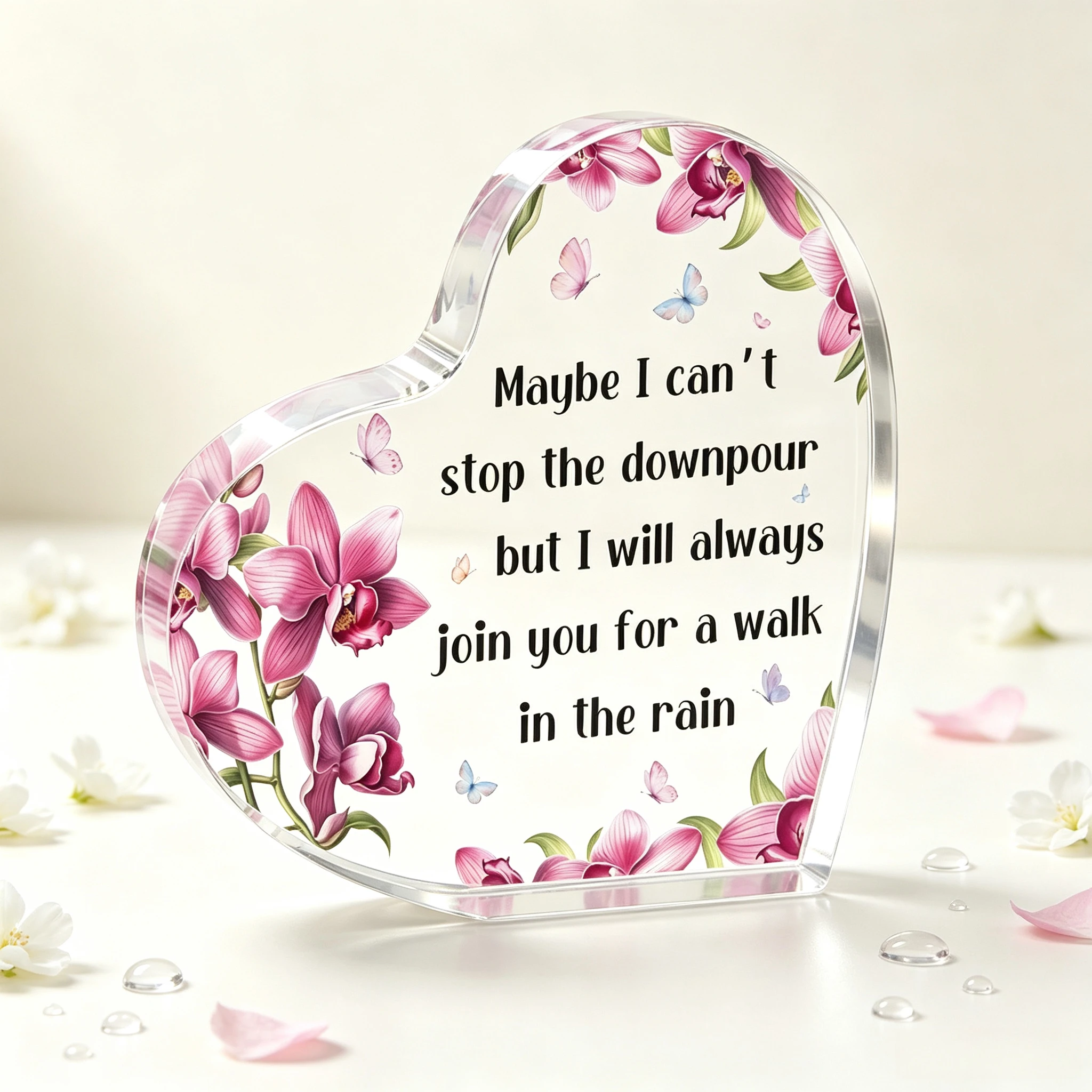 Maybe I Can't Stop The Downpour Heart‑Shaped Acrylic Plaque Purple Orchid Butterfly Desk Decor Magenta Orchid Butterfly Heart Acrylic Stand, Supportive Friendship Sentimental Keepsake Gift