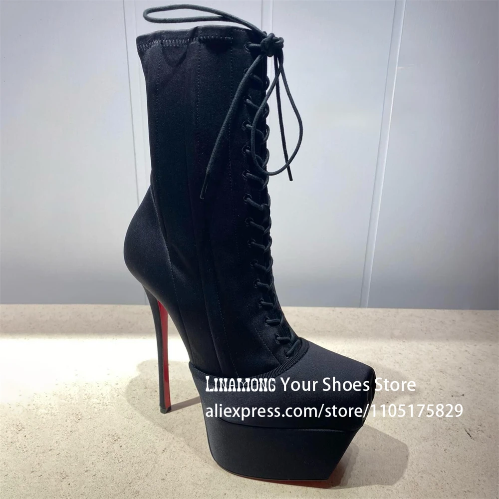 

Black Crepe Satin Platform Booties Square Toe Strappy Ankle Boots Designer Style Lace up Stiletto Booties for Women Custom Color