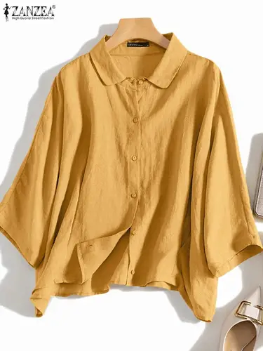 Imagen 2 del producto ZANZEA, moda de verano, camisa con cuello de solapa, blusa elegante de manga 3/4 para mujer, Tops con botones de trabajo, Túnica femenina, Blusas holgadas informales