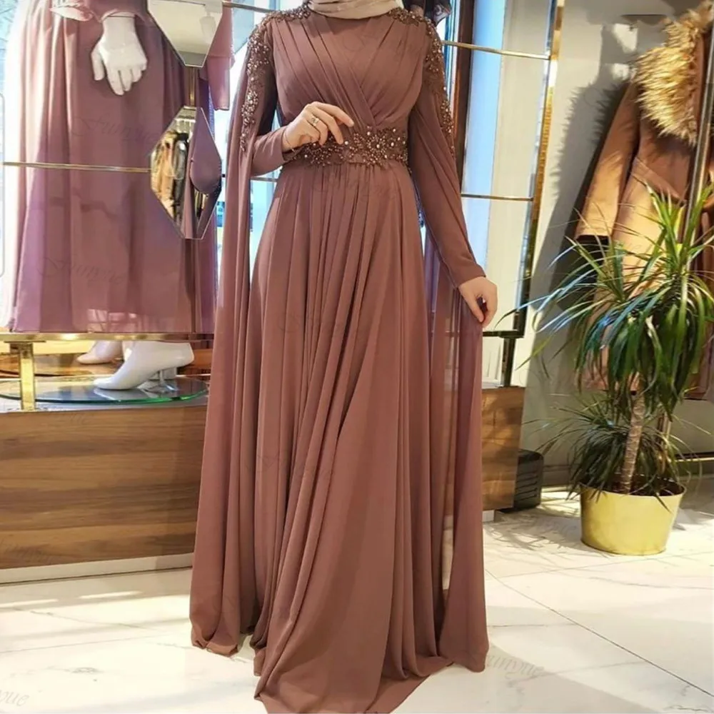 

Dubai Muslim Hijab Evening Dresses A-Line Chiffon Beaded Long Sleeve Formal Party Dress Saudi Arabic Robe De Soiree 2024