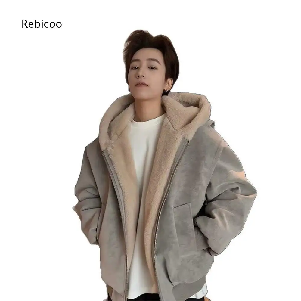Men Warm Fleece Lined Hooded Outerwear Loose Zip Up Coat For Simple Matching In Cool Autumn And Winter Daily Activities