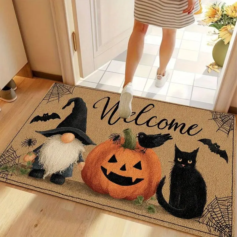 VIKAMA Vintage Gnome Pumpkin Doormat, Non-Slip, Absorbent American-Style Halloween Doormat, “Welcome” Entryway Rug, Home Decor