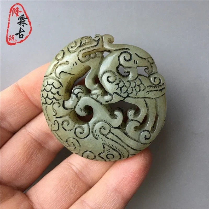 

Jade Old Natural stone carving Dragon and Phoenix, Exquisite Carving of Xiu Pendant, Picky and Old looking