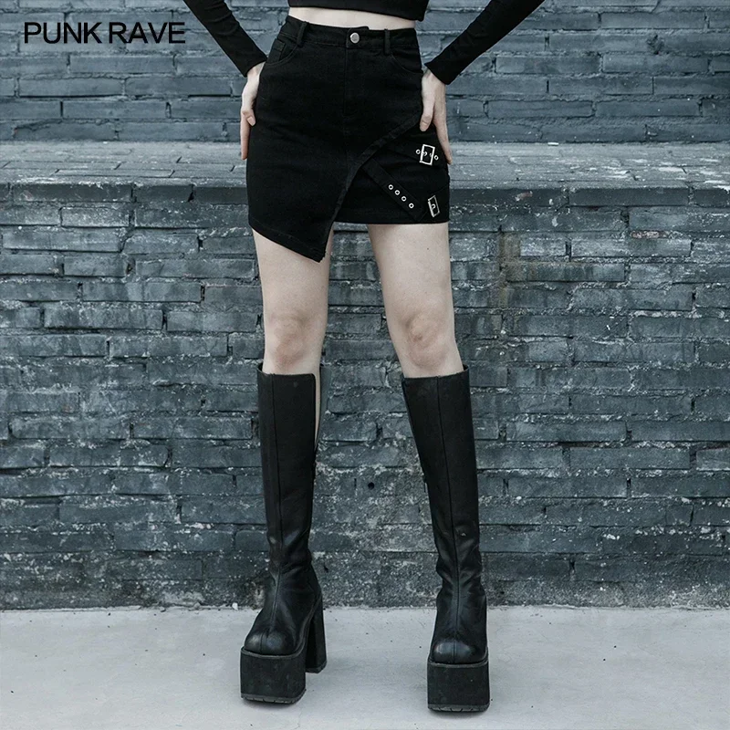 Punk Rave Frauen Punk täglich diagonal Jeans rock links schräg Schnalle Schleife hinzufügen Gefühl Persönlichkeit sexy schwarze Miniröcke