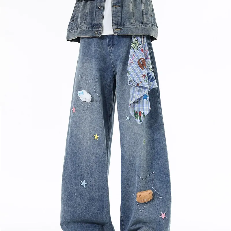 

Джинсы American Sle Distred с лоскутным шитьем и вышивкой, свободные прямые брюки для мужчин и женщин, квадратные шарфы