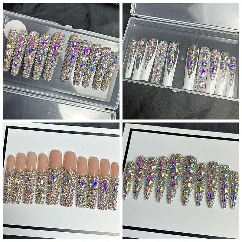 

Handmade Glittery Rhinestone 3XL Extra Long Coffin False Nail Tips Acrylic Press On Nails Y2K Reusable Fake Nail With Glue Gift