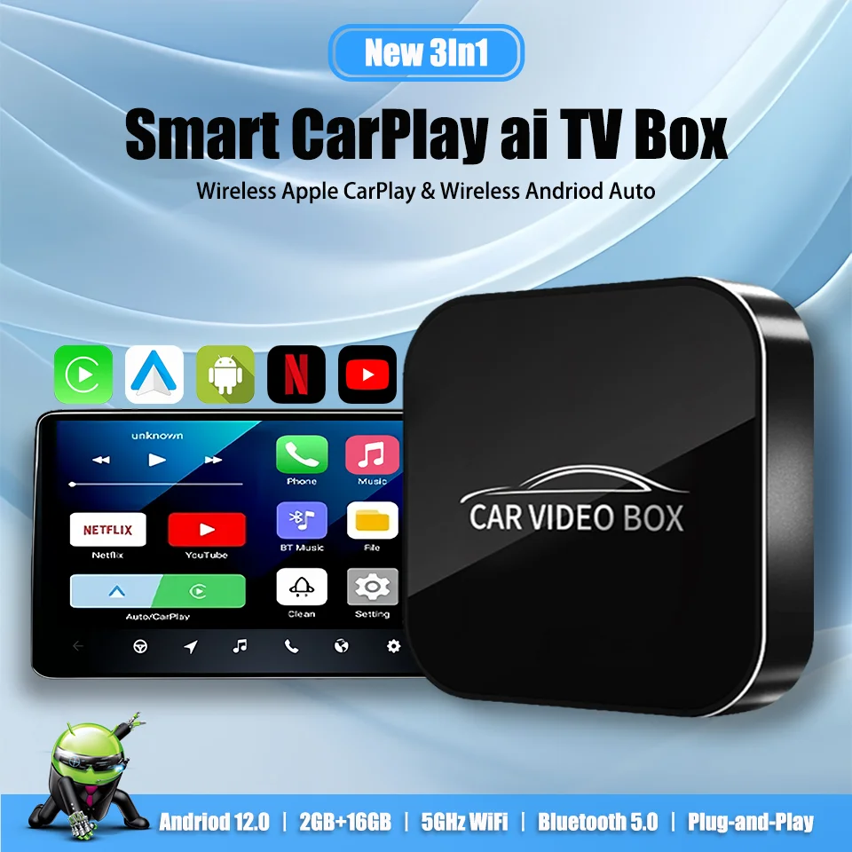 

New Andriod 12.0 Smart Video Box Wireless Android Auto & Wireless Apple Carplay 3in1 Multimedia Box Built-in Netflix YouTube