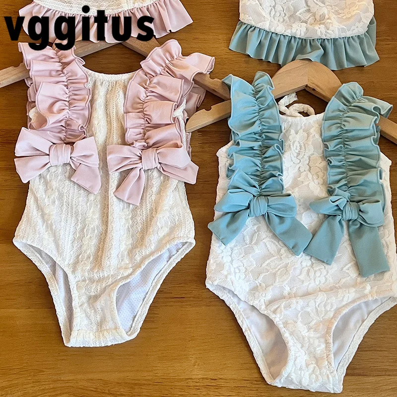 

New Girl's Pink Blue Sweet Lace Bow One Piece Swimsuit Children's Small and Medium-sized Girl Baby Beach Vacation Swimsuit H2119
