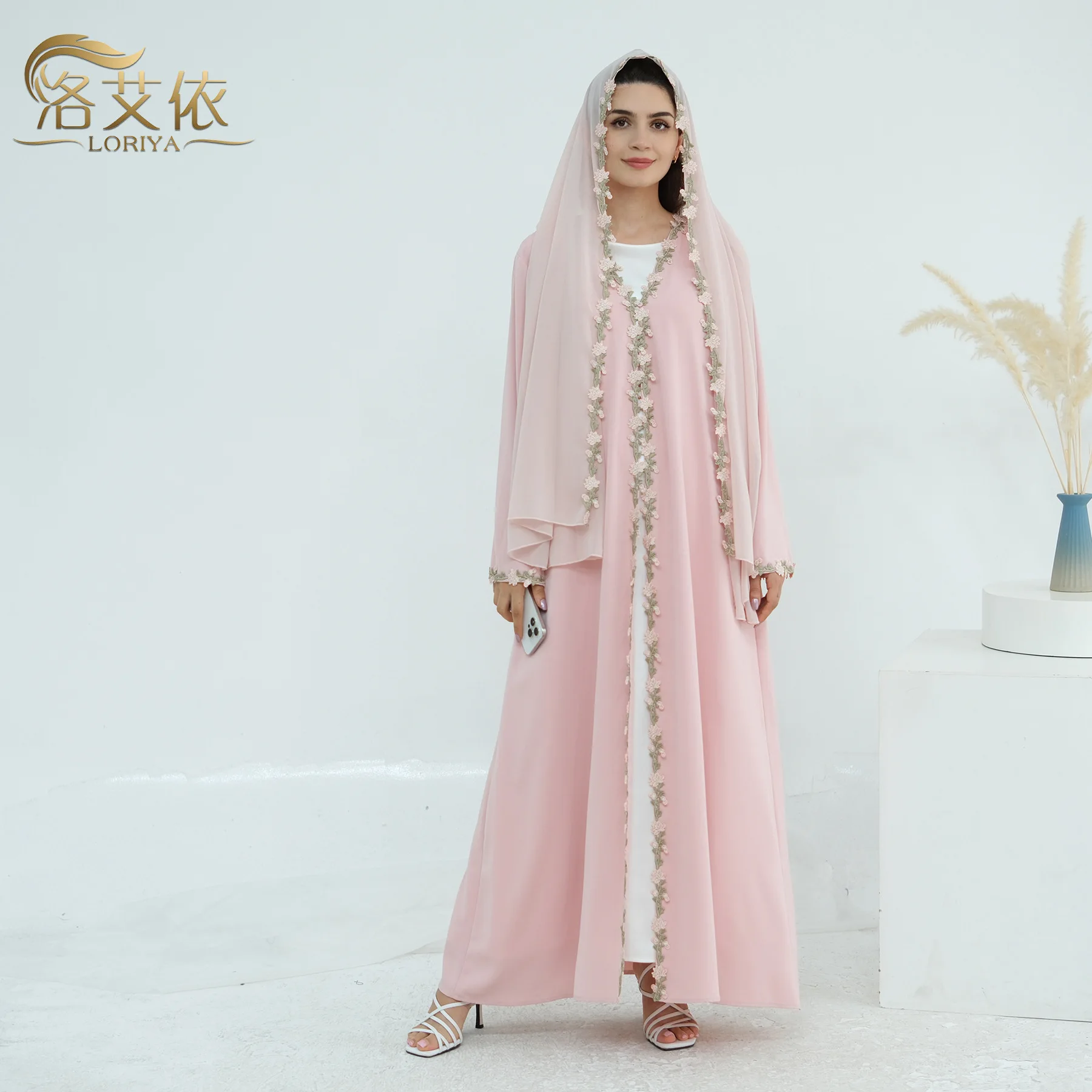 

Muslim Women Dubai Middle East Arabic Embroidered Floral Patchwork Cardigan + Headscarf Two-Piece Set