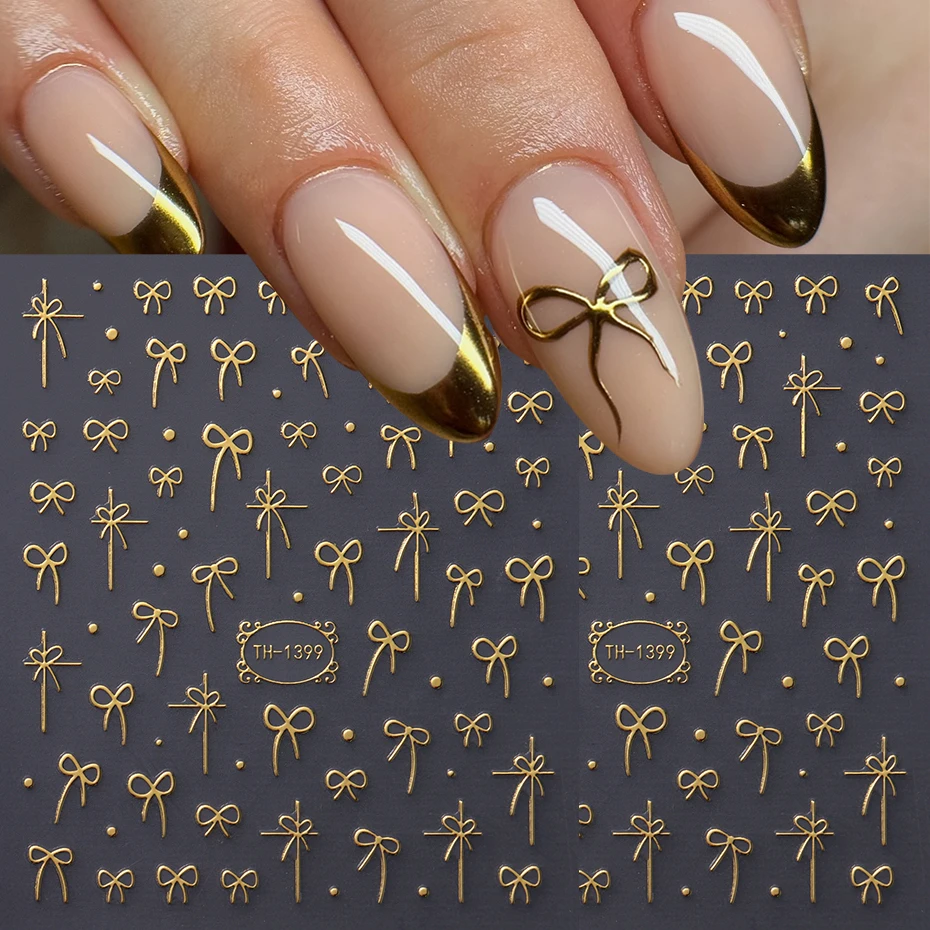 2pcs Golden Ribbon Bow Nail Art Stickers Charms Nail Decal Sticker Adhesive Sliders Nail Art Decorations Manicure Accessories