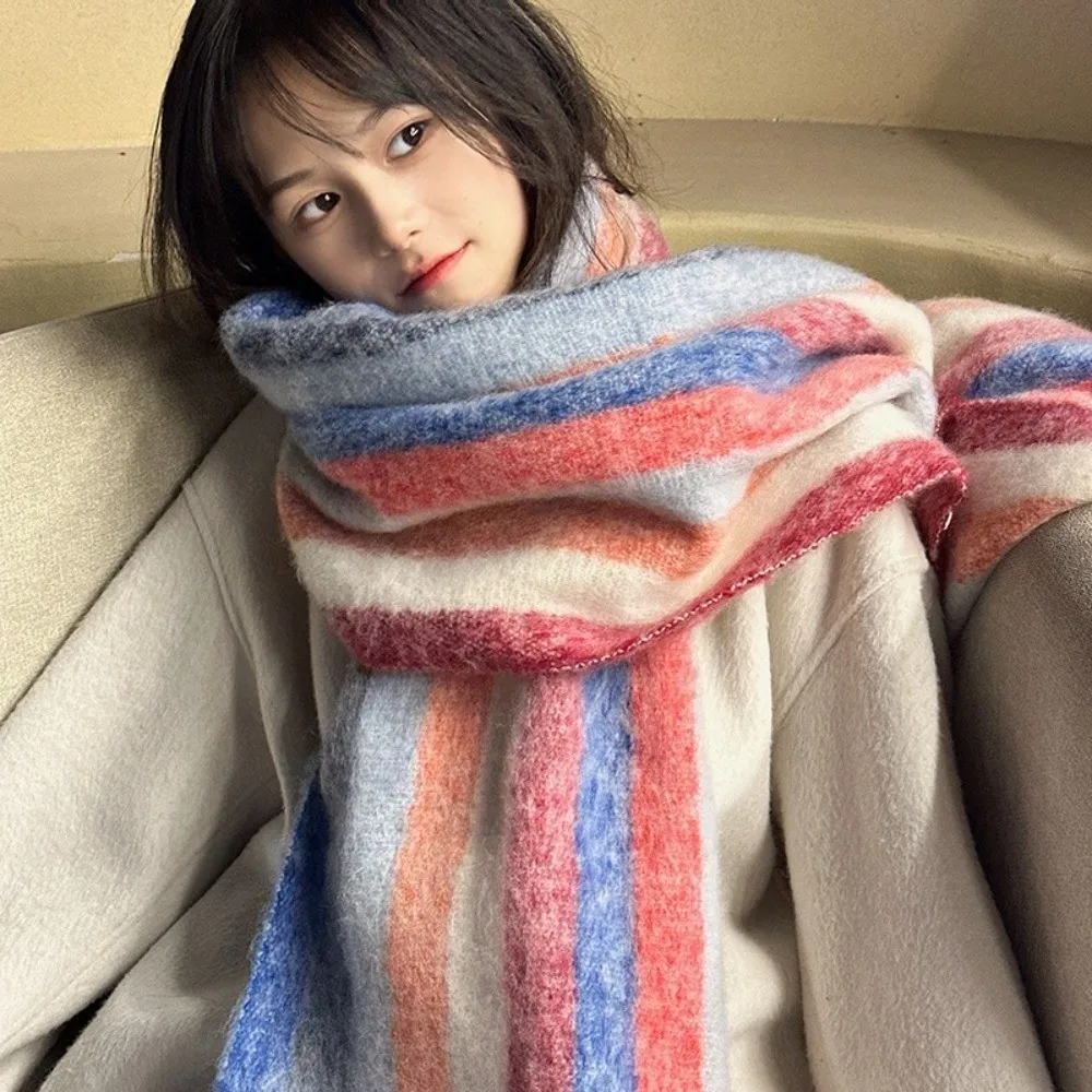 New Soft Grid Scarf Rainbow Tassel Mohair Winter Cashmere Scarf Thickening Neck Warmer Warm Shawl for Versatile Winter Essential