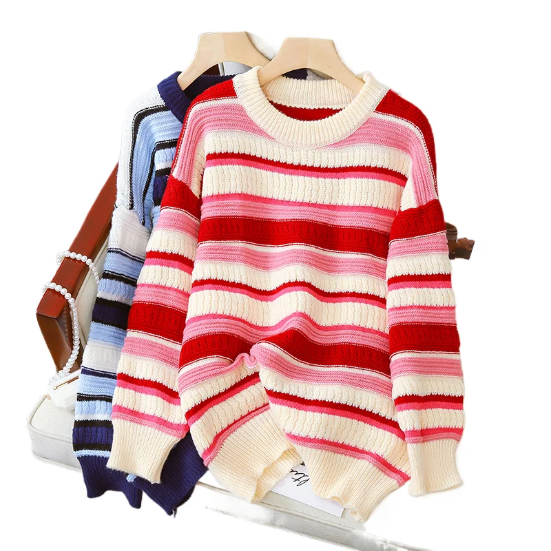 스트라이프 루즈핏 O넥 풀오버 스웨터 가을 신상 패션 긴팔 니트 탑 한국 버전 출퇴근용 다용도