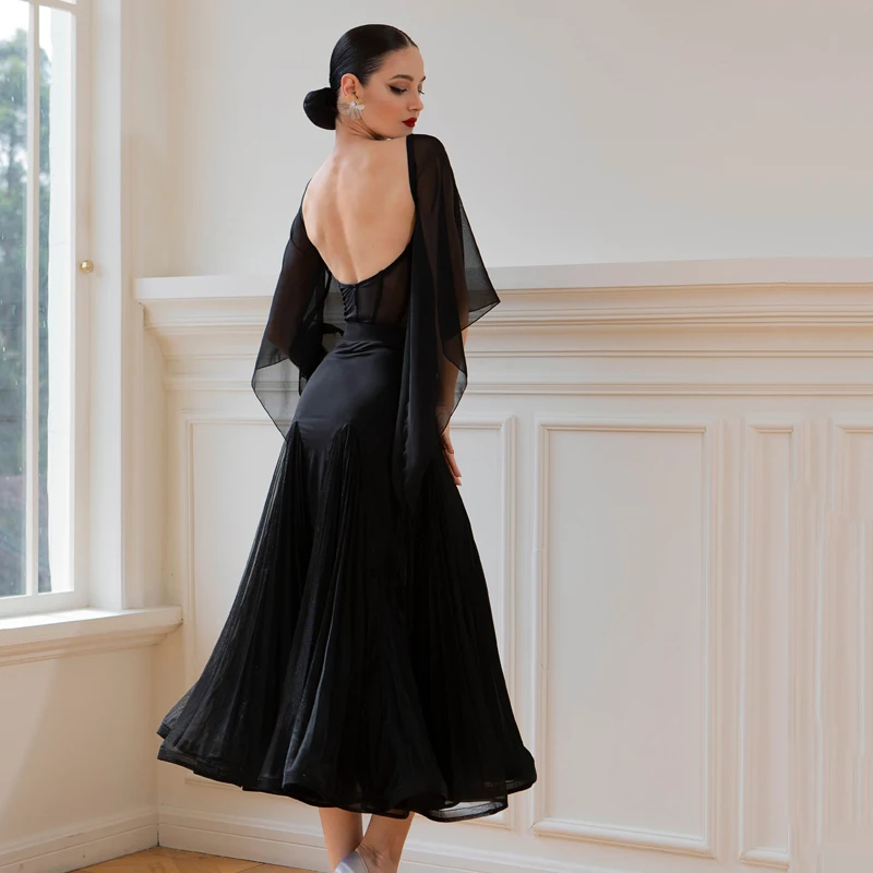 Black Floating Sleeves Latin Top Cake Skirt Female Waltz Ballroom Dance Competition Clothes Adults Stage Performance Dress 10239