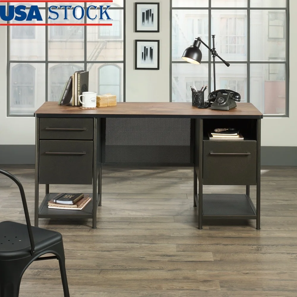 

Industrial Executive Desk Spacious Top Three Drawers Cubbyhole Open Shelves Durable Metal Frame Black Finish Vintage Oak Accent