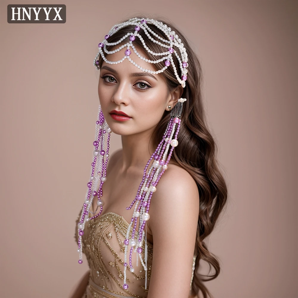 HNYYX Purple Pearl Headband Wedding Bride Hair Accessories with Tassels Fashion Girls Headpieces Mesh Jewelry Headband A221