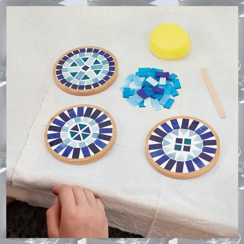 Hot Selling-1 Set DIY Mosaic Craft Kit For Adults Beginner,Blue Glass Mosaic Tiles Pieces With Blank Base Tray For Handmade Art