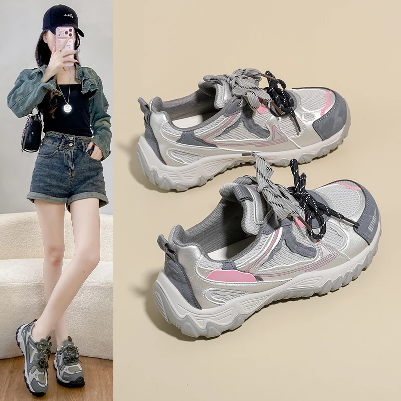 Nouvelles baskets polyvalentes pour femme 2026, style « Dad Sneakers », à semelle épaisse rehaussante, légères, antidérapantes et respirantes en maille, pour le sport.