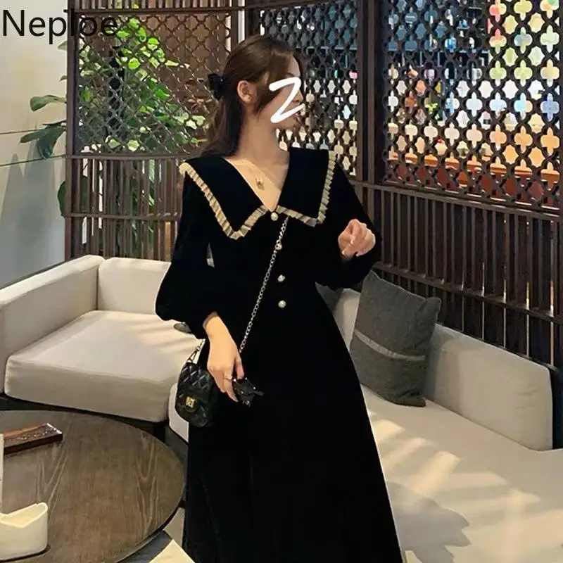 Woman Party Dresses Korean Vintage Velvet Black Dress Long Sleeve Robe Elegant Clothes Japanese Peter Pan Collar Vestidos Mujer