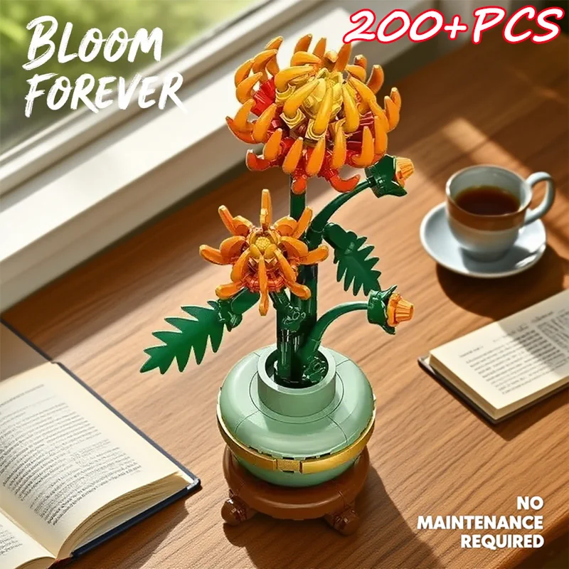

New 200+PCS Artificial Flower Bouquet & Chrysanthemum Potted Plants Building Blocks MOC DIY Toys For Girls Kids Gifts Home Decor