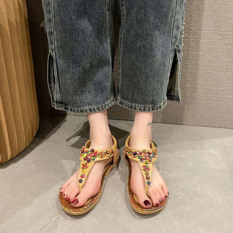 Summer Women Sandals 2023 Flat Casual Shoes Bead Slip On Sandalias Fashion Flip-Flop Roman Shoes for Women Chaussure Femme