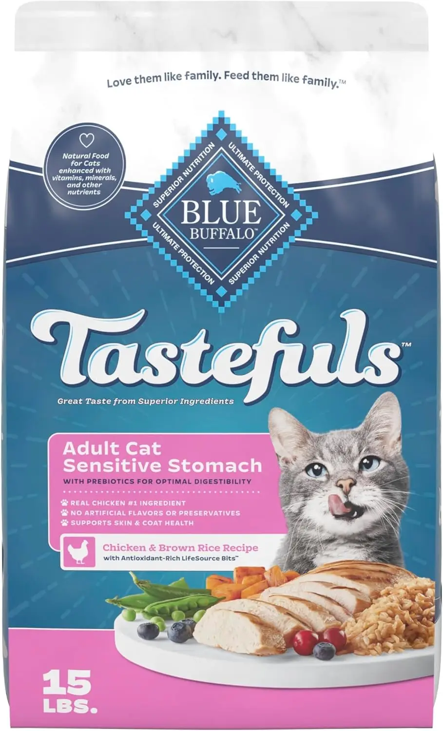 

Натуральный сухой корм Tastefuls для взрослых кошек с чувствительным пищеварением, рецепт с курицей и коричневым рисом, упаковка 15 фунтов