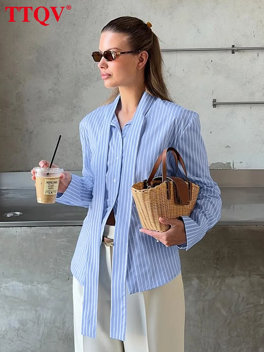 

TTQV Fashion Loose Blue Stripe Women Shirt 2026 Spring Lapel Long Sleeve Lady Blouse Elegant Classic Lace-Up Top Female Clothing