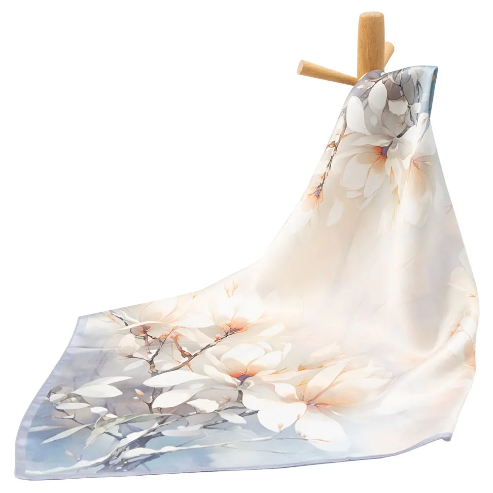 53cm Pure Silk Scarf Women Magnolia Blossom Art Neckerchief Lightweight Hair Wrap Botanical Garden Wedding Guest Gift Accessory