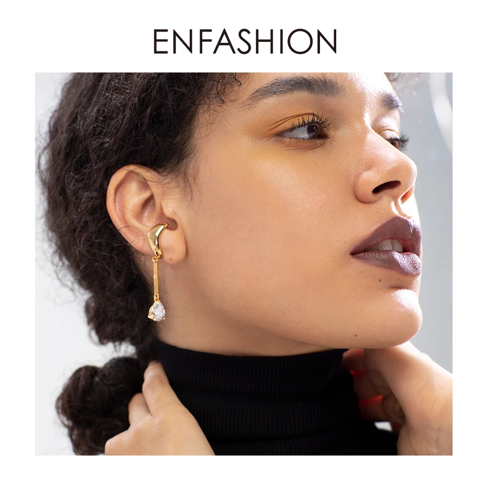 ENFASHION Asymmetric Water Droplets Crystal Ear Cuff Clip On Earrings For Women Gold Color Earcuff Earings Fashion Jewelry E1151