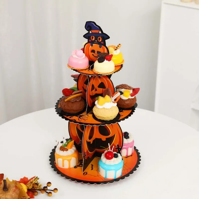 Happy Halloween 3Layer Cake Stand Ghost Pumpkin Cupcake Table Shelf Witch Hat Top Paper Tray Halloween Party Decoration for Home