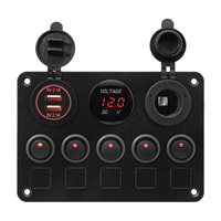 Boat Switch Panel Car Switch Panel Waterproof Digital Voltmeter Dual USB Port 12V Outlet Combination Marine LED Rocker 5 Gang